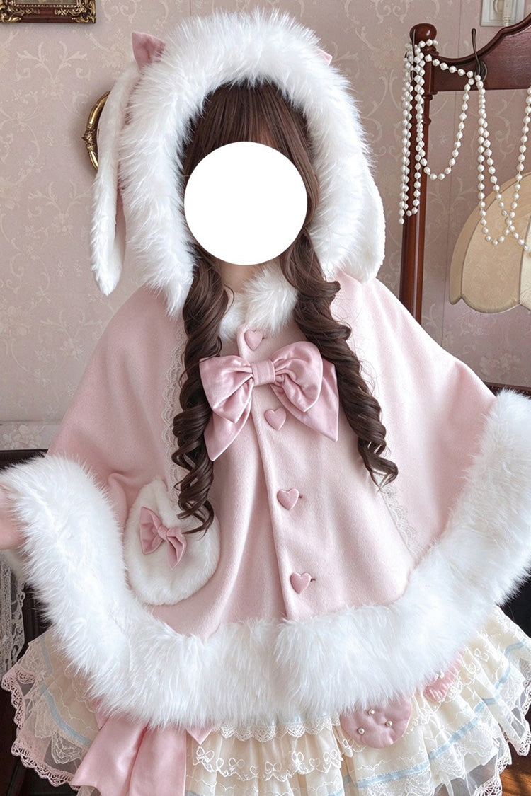 Süßer Kunstpelzkragen, Hängeohren, Hasenohren, Schleife, Spitzenbesatz, Herztasche, Herbst-Winter-Lolita-Umhang, 2 Farben