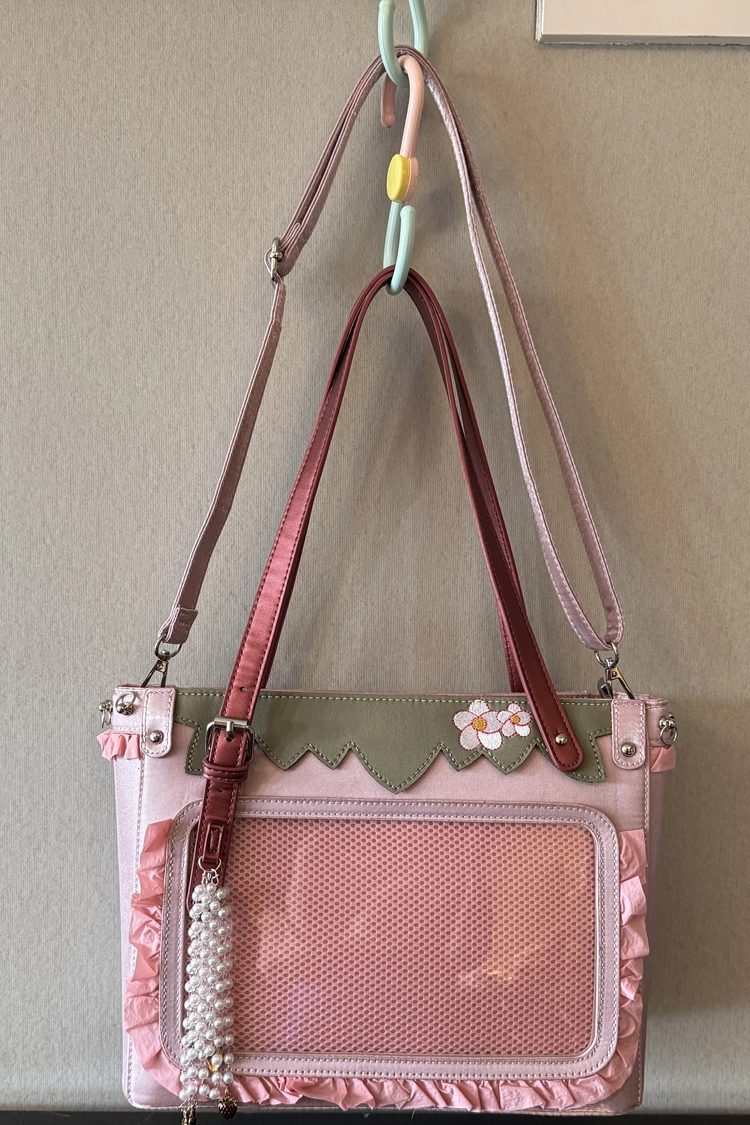 Pink Ruffled Floral Embroidered Pearl Chain Decorated Japanese Sweet Lolita Ita Bag