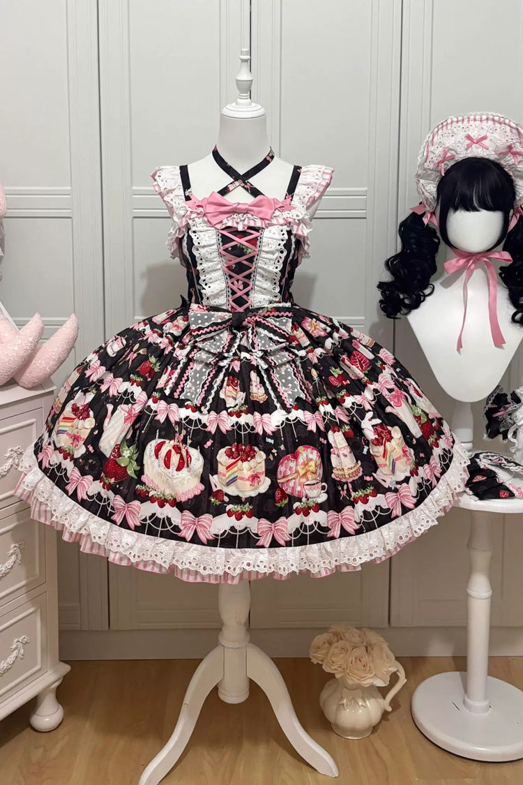 Black [Heartbeat Baking Rule] Sleeveless Bustier High Waisted Strawberry Cake Print Lace-Up Bow Ruffled Lace Sweet Lolita JSK Dress