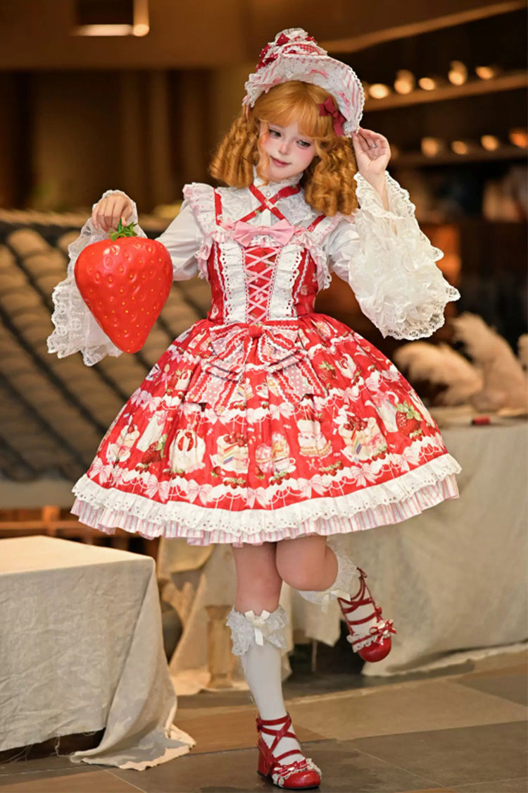 Red [Heartbeat Baking Rule] Sleeveless Bustier High Waisted Strawberry Cake Print Lace-Up Bow Ruffled Lace Sweet Lolita JSK Dress
