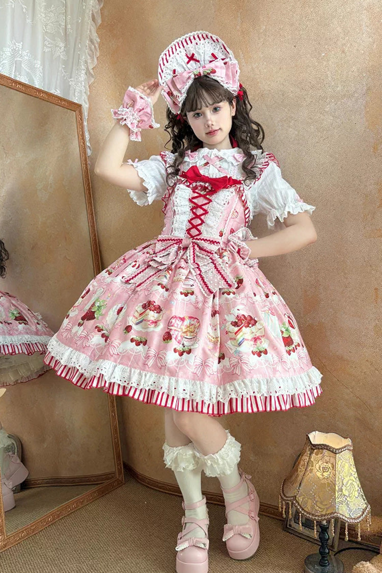 Pink [Heartbeat Baking Rule] Sleeveless Bustier High Waisted Strawberry Cake Print Lace-Up Bow Ruffled Lace Sweet Lolita JSK Dress