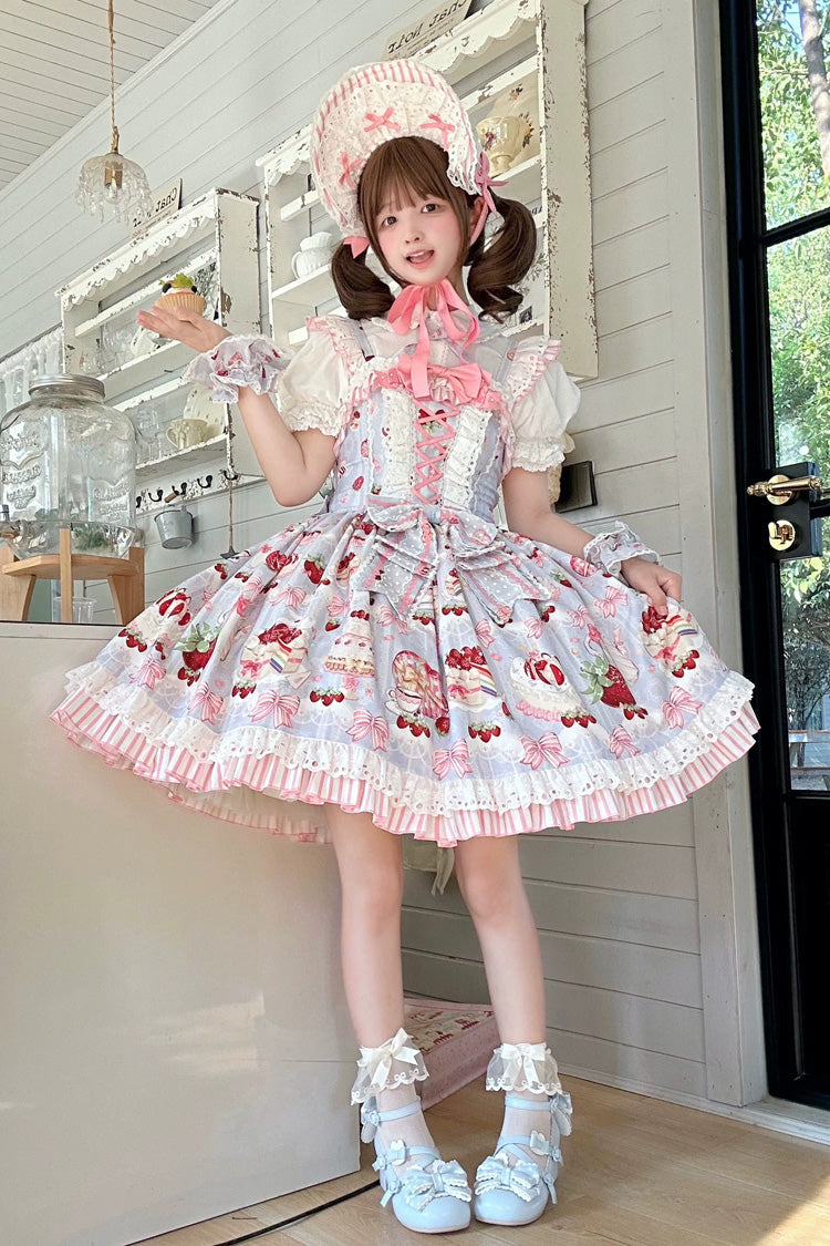 Light Blue [Heartbeat Baking Rule] Sleeveless Bustier High Waisted Strawberry Cake Print Lace-Up Bow Ruffled Lace Sweet Lolita JSK Dress