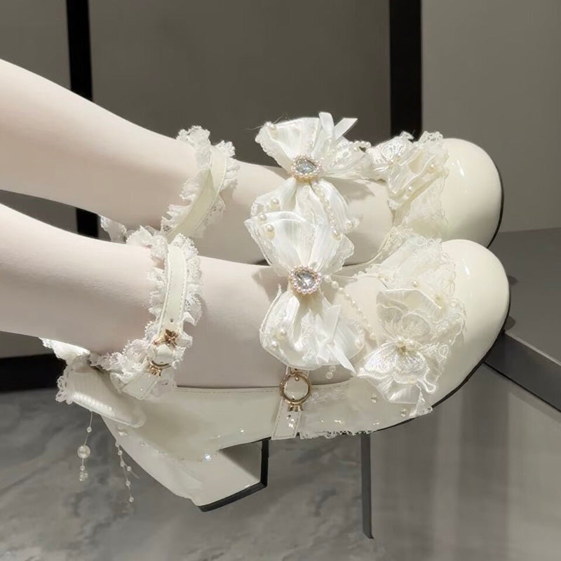 Mid-Heel Bow and Pearl-Chain Women's Sweet Lolita Shoes
