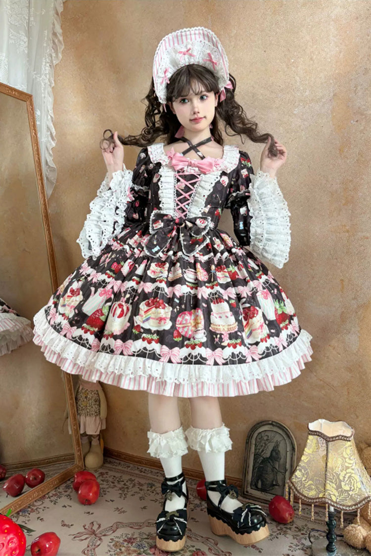 Black [Heartbeat Baking Rule] Short Sleeves Bustier High Waisted Strawberry Cake Print Lace-Up Bow Ruffled Lace Sweet Lolita Dress
