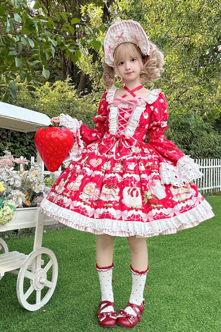 Red [Heartbeat Baking Rule] Short Sleeves Bustier High Waisted Strawberry Cake Print Lace-Up Bow Ruffled Lace Sweet Lolita Dress