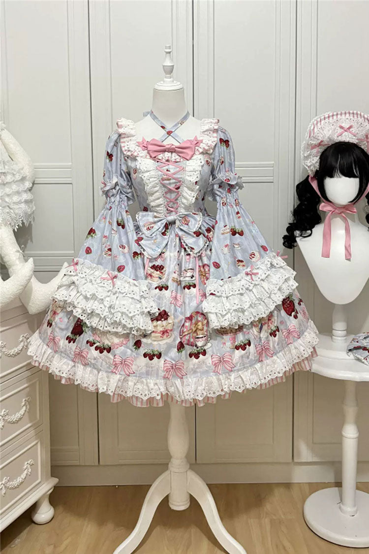 Light Blue [Heartbeat Baking Rule] Short Sleeves Bustier High Waisted Strawberry Cake Print Lace-Up Bow Ruffled Lace Sweet Lolita Dress