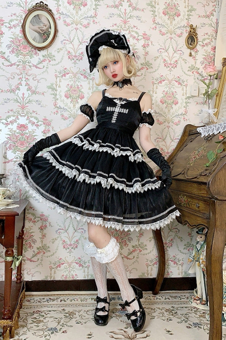 [Cross Magic] Sleeveless Corset Waist Lace-Up Lace Ruffled Gothic Lolita JSK Dress 2 Colors (Black, White)