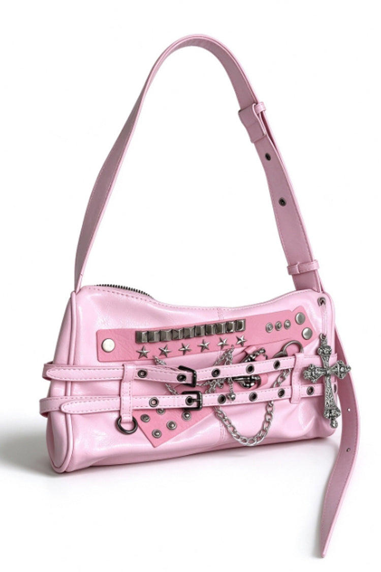 Pink Star Studded Rivet Chain Cross Charm Buckle Strap Women's Punk Shoulder Bag
