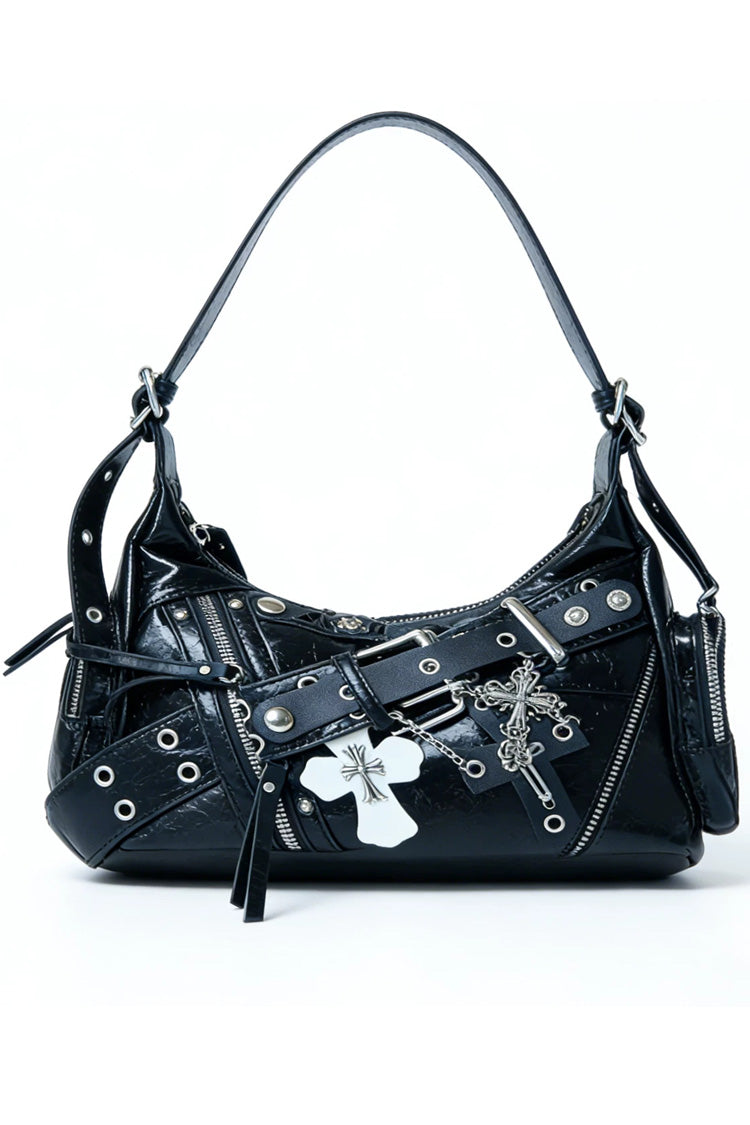 Sac à bandoulière noir clouté avec breloque croisée et fermeture éclair avec boucle et sangle pour femme Punk Y2K Biker