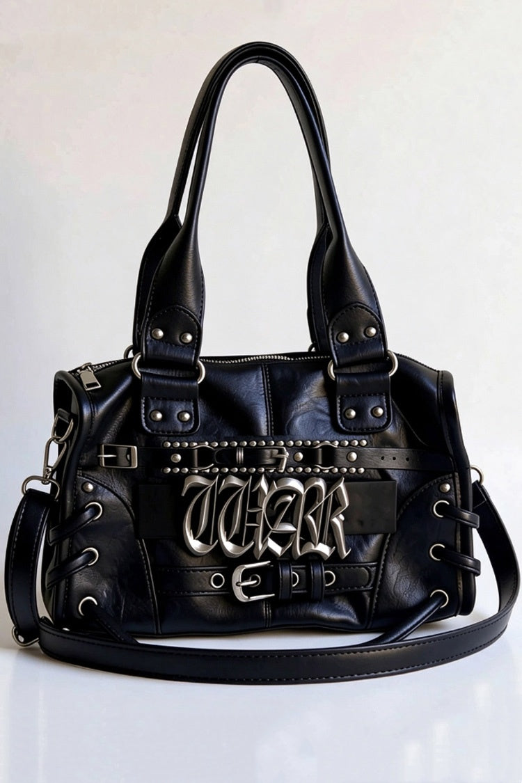 Lettre en métal clouté noir avec boucle à lacets décorée gothique Biker Y2K Punk Sac à bandoulière Sac à main bandoulière