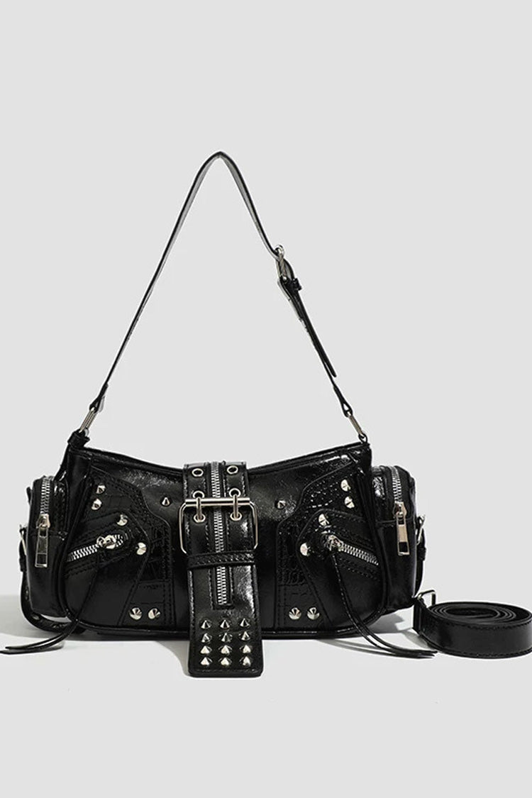 Black Studded Buckle Zipper Decorated Gothic Punk Y2K Rock Style Baguette Shoulder Bag