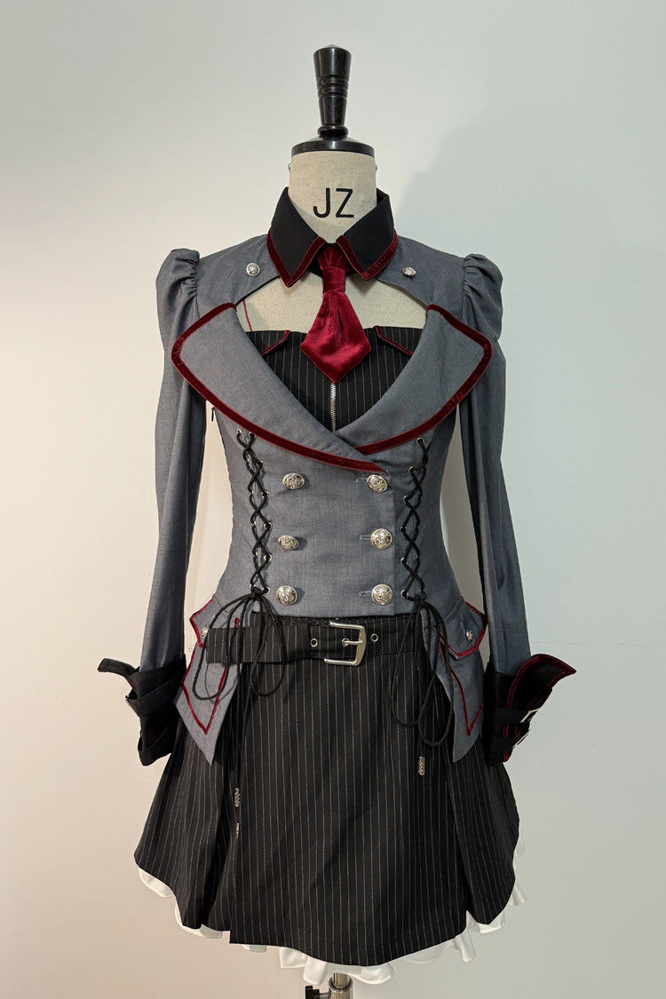 Grey/Black [Moon Hidden Knight] Pointed Collar Long Puff Sleeves Corset Waist Lace-Up Bow Pleated Military Gothic Lolita Faux Two Piece Dress