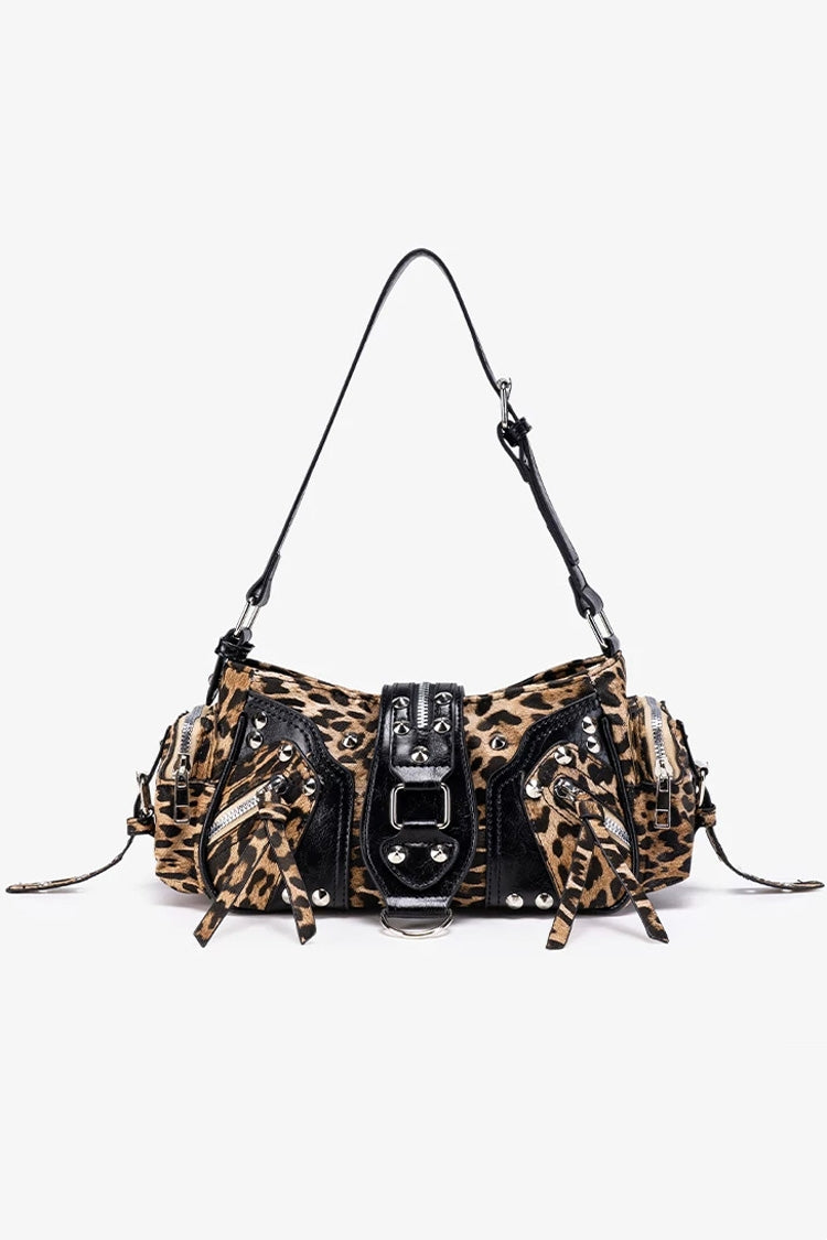 Leopard Print Studded Buckle Decorated Zipper Faux Leather Y2K Sweet Cool Biker Women's Underarm Shoulder Bag