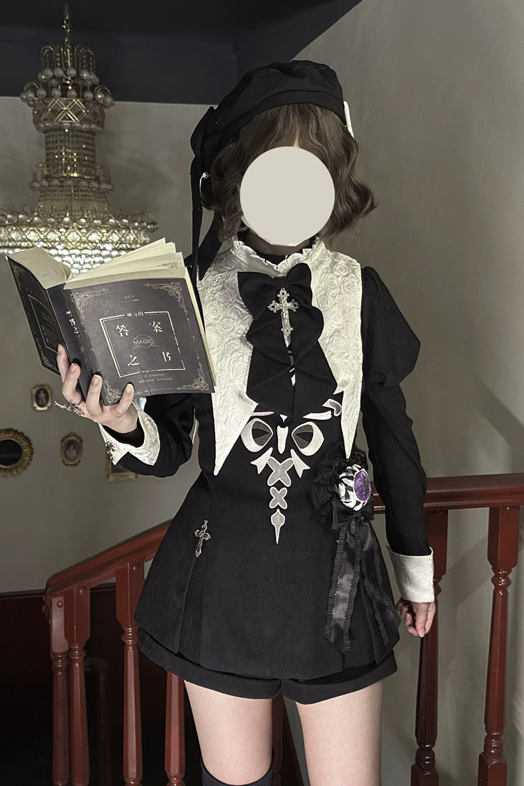 Schwarz [Sieben Todsünden: Völlerei] Hoher Kragen, lange Puffärmel, taillierte Taille, Schleife, Jacquard, bedruckt, Gothic-Lolita-Prinzen-Stil, Ouji-Set
