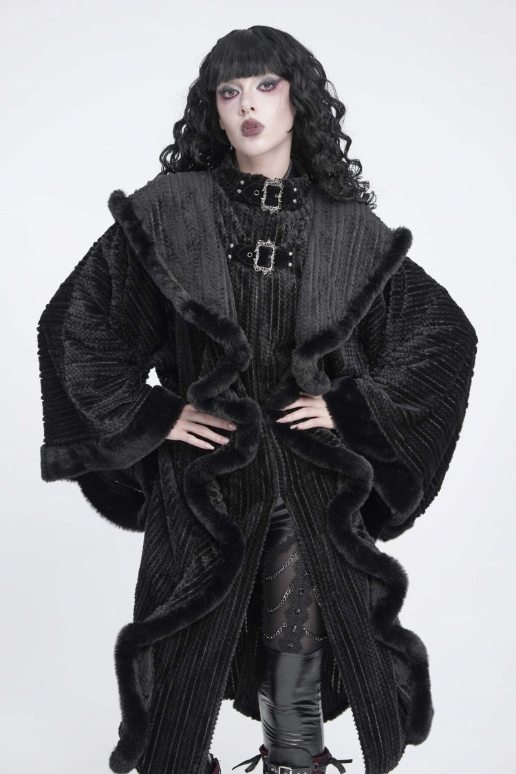Schwarze lange Trompetenärmel Damen Gothic Elegant Luxuriöser Hexenmantel mit Kapuze und Kunstfellbesatz