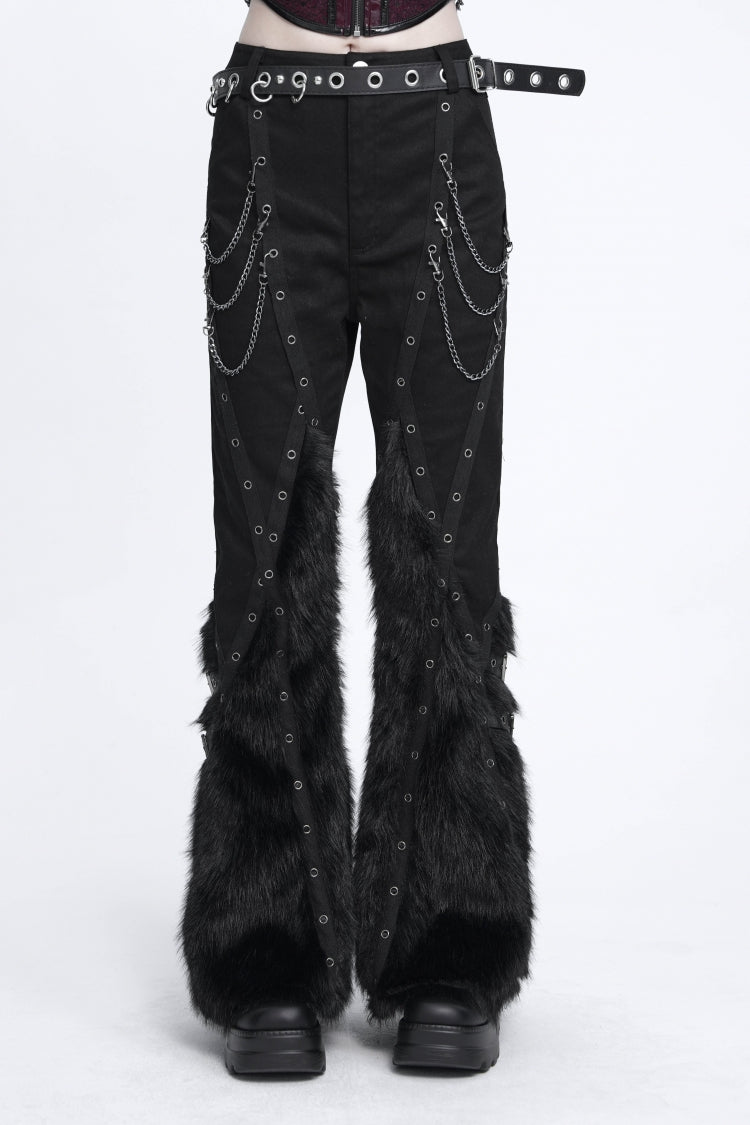 Black  Studded Chain-Decorated Women's Punk Cool Faux Fur Splice Flare Pants