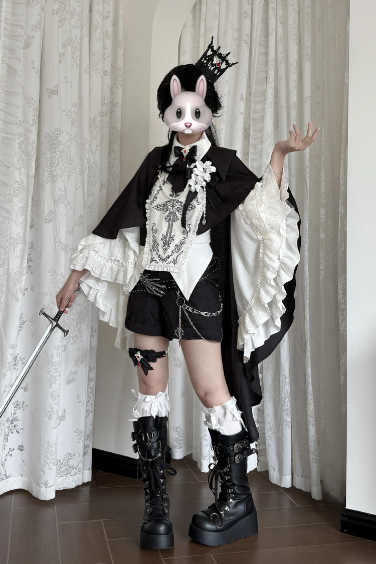 Schwarz [Sieben Todsünden: Faultier] Spitzer Kragen, Glockenärmel, bestickte Spitze, Rüschenkette, verziertes Ouji-Set im Gothic-Prinzen-Stil