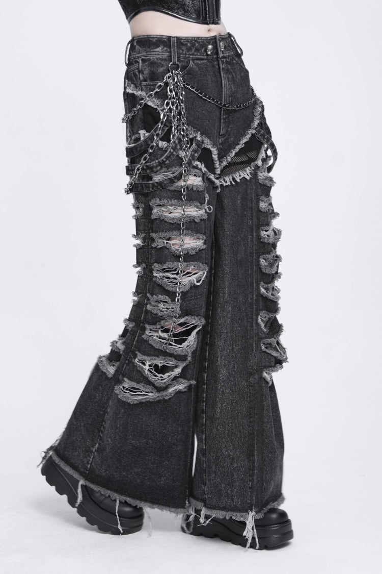 Schwarze, zerrissene Punk-Hose für Damen mit Kettenverzierung