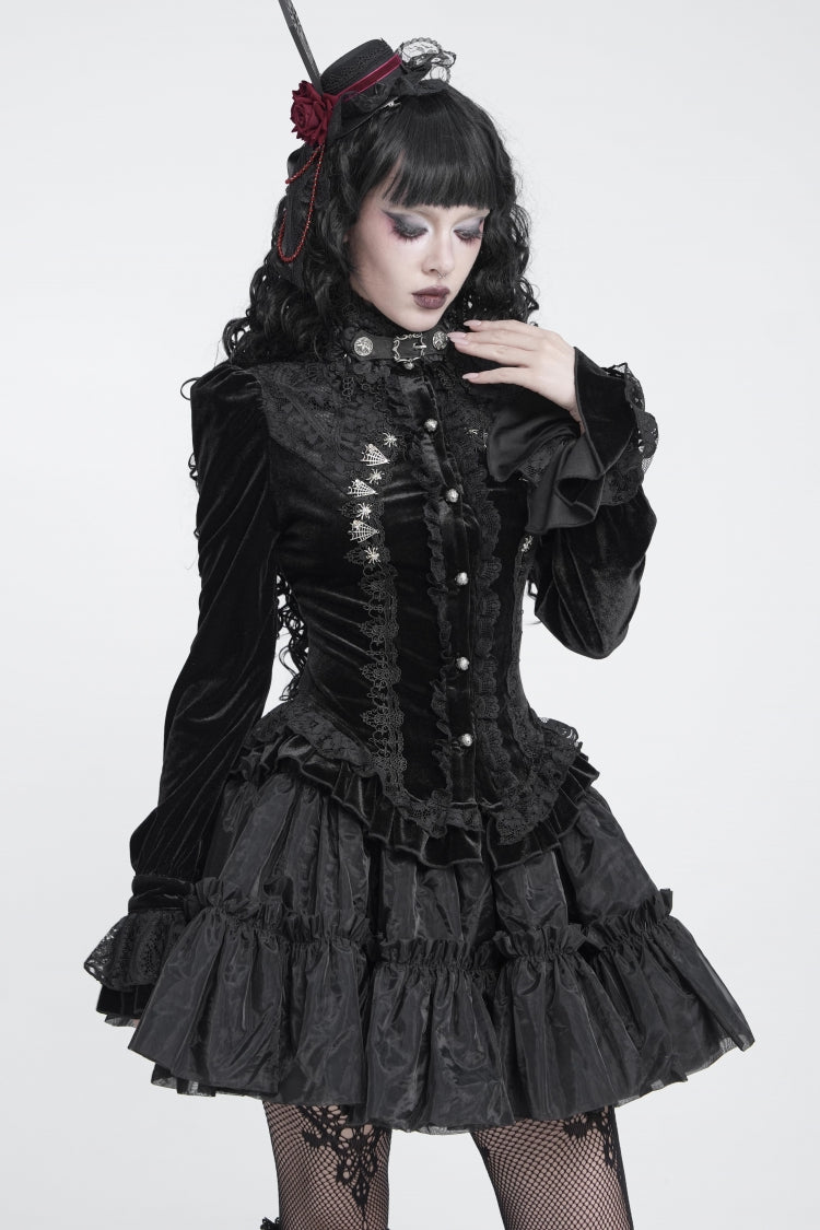 Black Stand Collar Long Sleeves Ruffled Embroidered Lace Lace-Up Slim Fit Women's Gothic Luxurious Blouse
