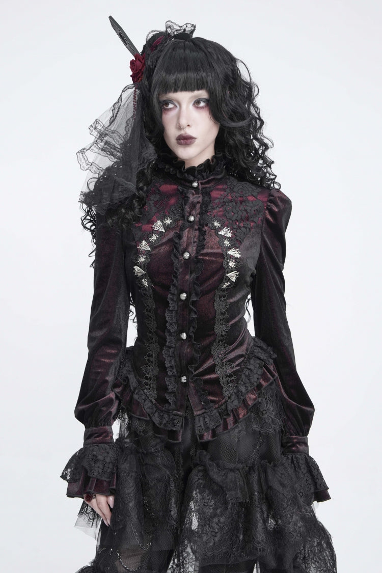 Red Stand Collar Long Sleeves Ruffled Embroidered Lace Lace-Up Slim Fit Women's Gothic Luxurious Blouse