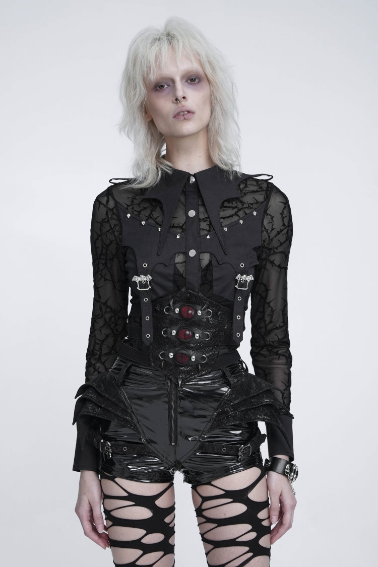Schwarzer Reverskragen mit langen Ärmeln Damen Gothic Luxuriöse Royal Sheer Thorny Vine Print Fledermausflügelkragenbluse