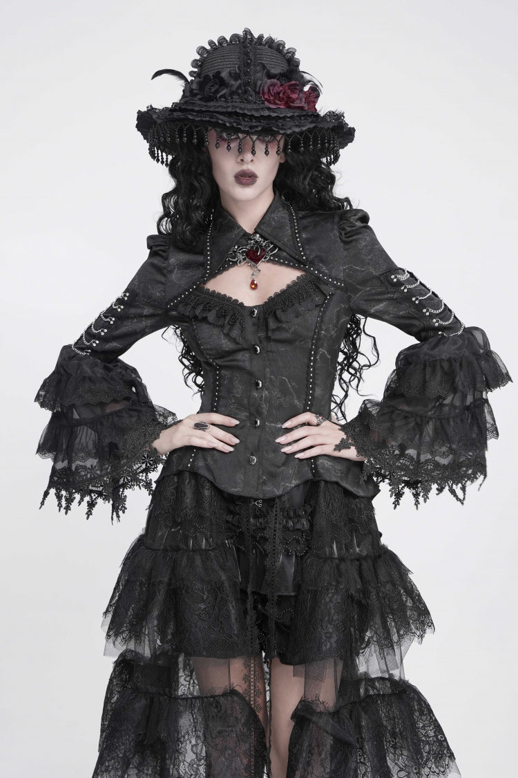 Black Lapel Collar Long Trumpet Sleeves Cut-Out Patchwork Lace-Up Women's Gothic Vintage Elegant Luxurious Royal Blouse