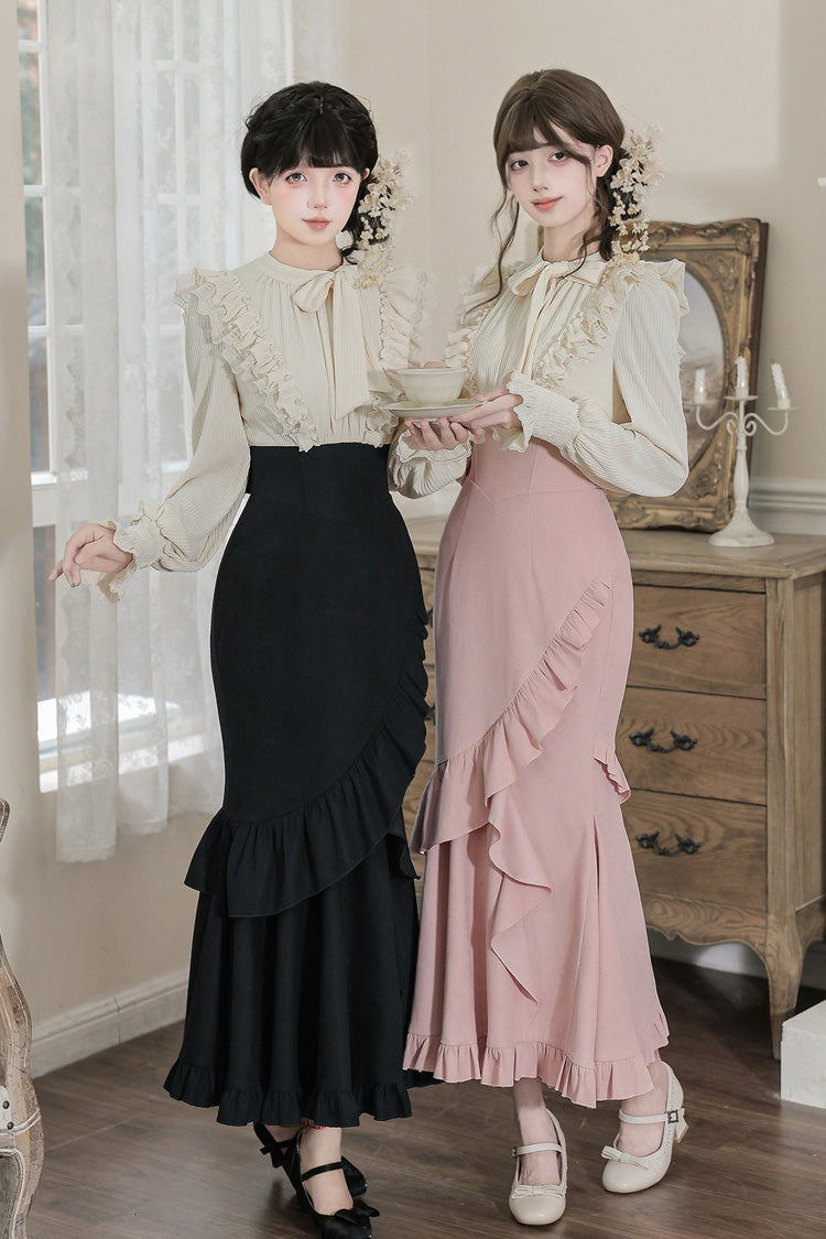 [Qiannai] Col volanté Manches longues Manches bouffantes Taille haute Noeud Color Block Ourlet sirène Robe Lolita douce 2 couleurs (rose/blanc, noir/blanc)