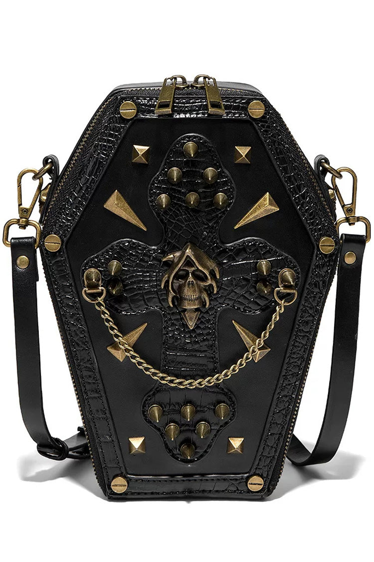 Black Coffin Shaped Studded Skull Cross Chain Decorated Women's Gothic Punk Crossbody Bag