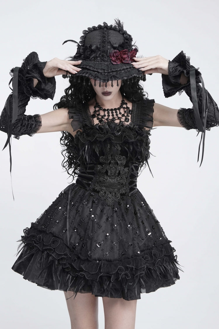 Black Off Shoulder Multi-Layered Embroidered Lace-Up Zippered Women's Gothic Preppy Style Princess Luxurious Royal Jsk Embroidered Feather Trim Dress Graduation Dress