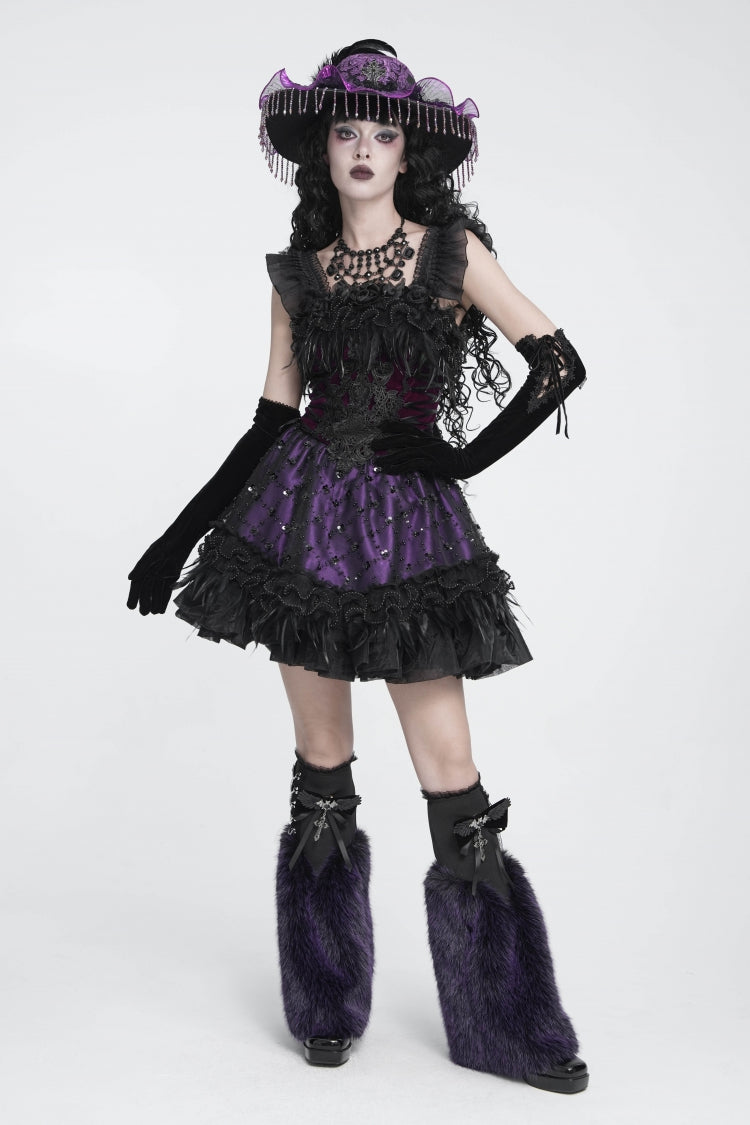 Purple Off Shoulder Multi-Layered Embroidered Lace-Up Zippered Women's Gothic Preppy Style Princess Luxurious Royal Jsk Embroidered Feather Trim Dress Graduation Dress