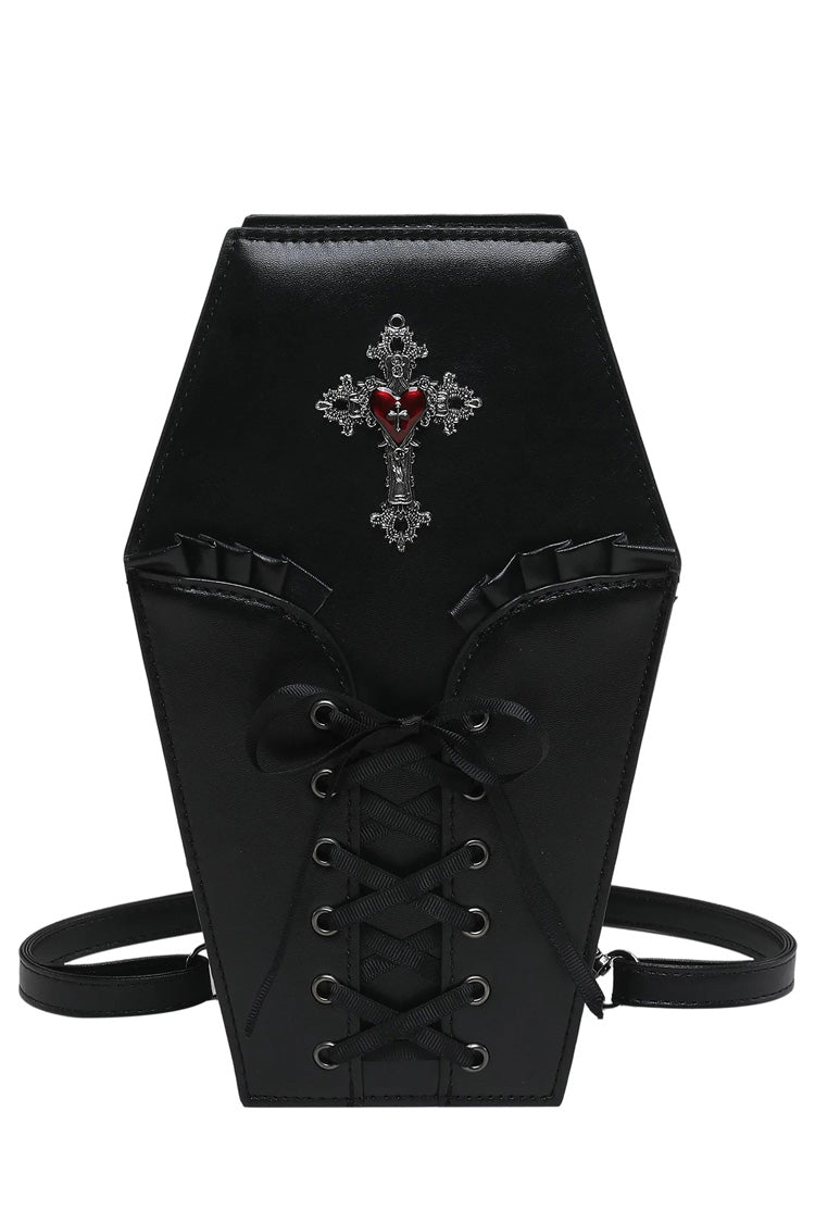 Cross Heart Embellished Lace-Up Ruffled Coffin Shaped Women's Gothic Shoulder Crossbody Bag Backpack