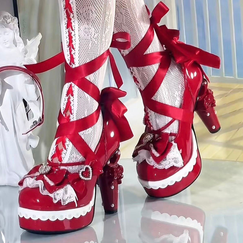 Egg Tart-Patterned Bow High-Heeled Platform Sweet Lolita Shoes 3 Colors