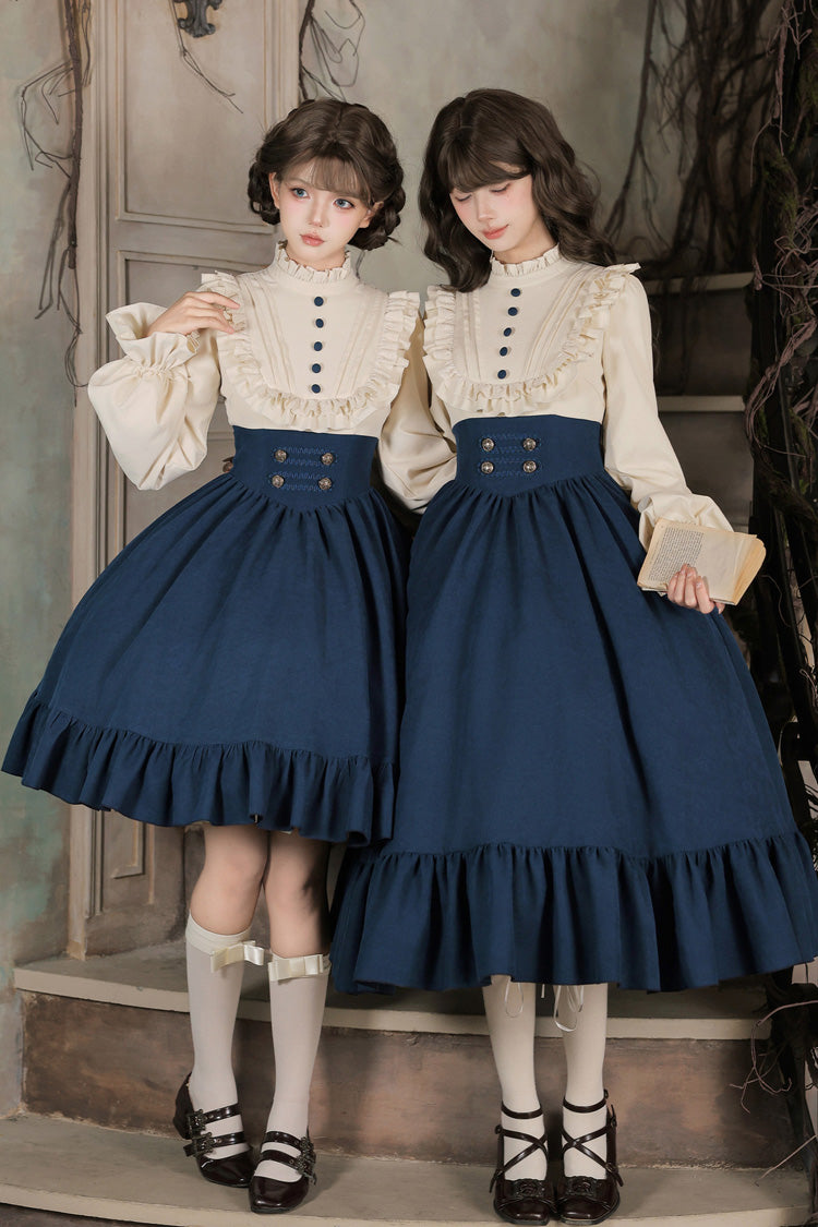 Blue/White [Rosalind] Stand Collar Long Sleeves Lantern Sleeves High Waisted Ruffled Color Block Button Elegant Lolita Dress 2 Versions