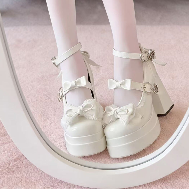 Bow Lace Trim Heart Buckle Ankle Strap Sweet Lolita Shoes 4 Colors