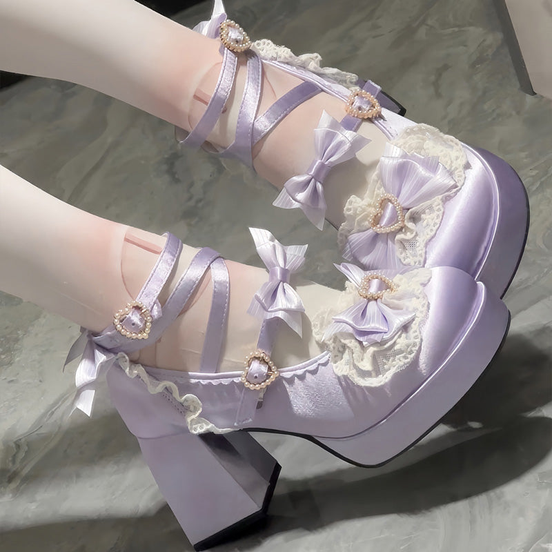 Lavender Bow Lace Platform Block Heel Lolita  Shoes