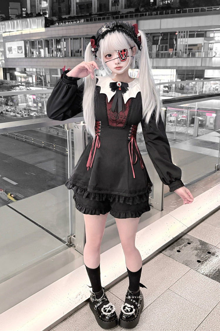 Black [Crimson Vow] Scalloped Collar Long Puff Sleeves Corset Waist Lace-Up Bow Spiderweb Jirai Kei Japanese Dress and Shorts Set