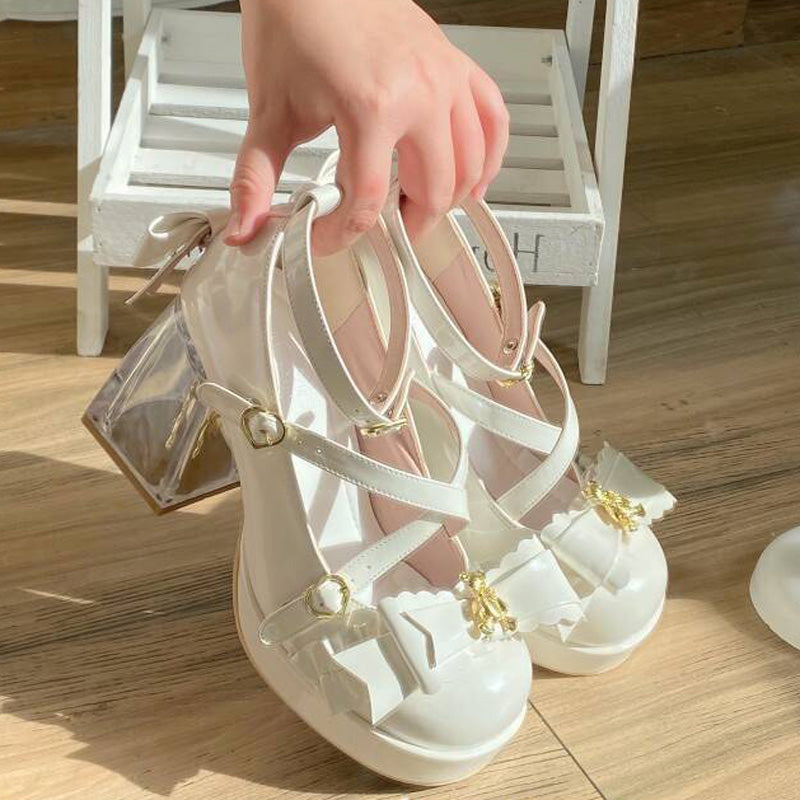 Cristal Chunky Heel Talons Hauts Chaussures Lolita 2 Couleurs