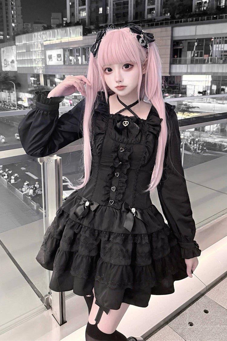 Noir [Dark Night Bone Doll] Col carré Manches longues Corset Taille À Lacets Boutons Coeur Volants À Volants Noeud Gothique Japonais Robe Lolita