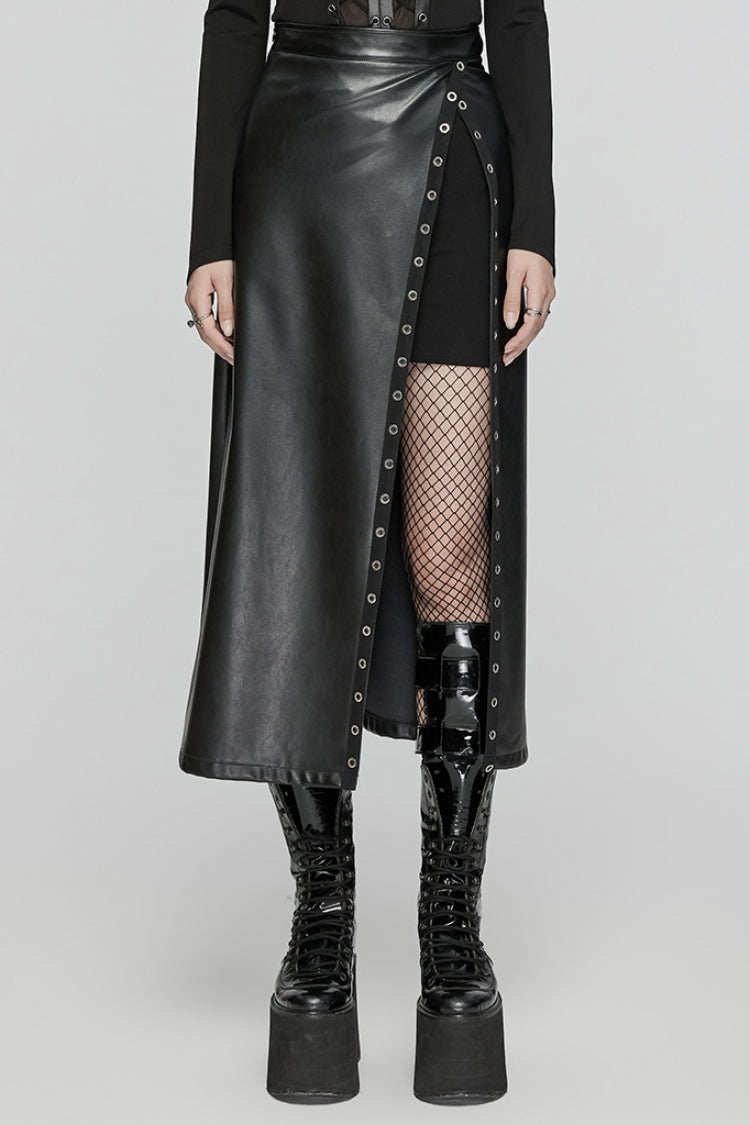 Jupe en simili cuir fendue à œillets Punk Cool pour femme en maille asymétrique découpée noire