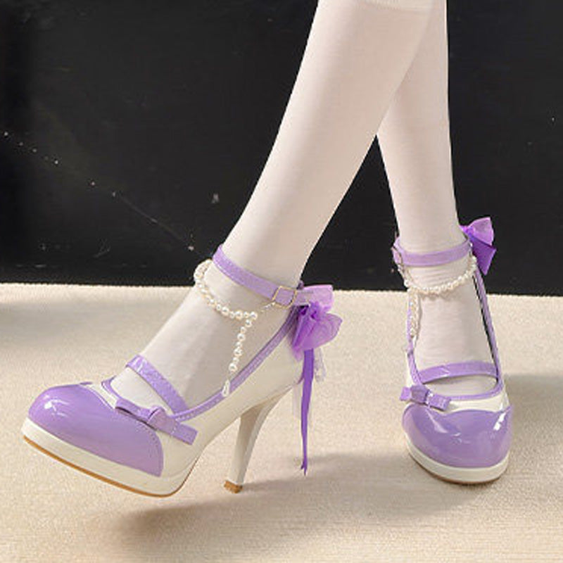 Bow Pearl Chain High Heel Lolita Shoes 5 Colors