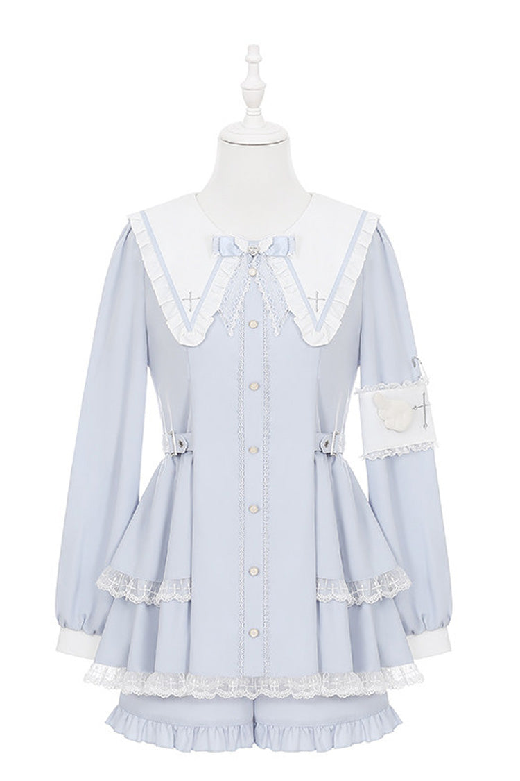 Hellblau [medizinischer Prüfer] spitzer Kragen, lange Ärmel, Schleife, Spitze, gerüschtes Kreuz, bestickt, süßes japanisches Jirai-Kei-Kleid und Shorts-Set