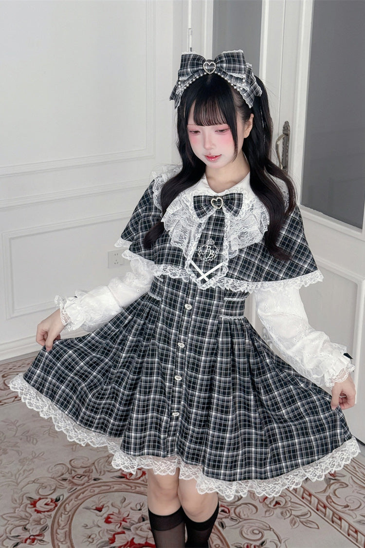 Noir/blanc [Misty Plaid Diary] Col à volants Manches longues Taille ajustée Faux deux pièces en dentelle Capelet Bow Robe lolita vintage japonaise