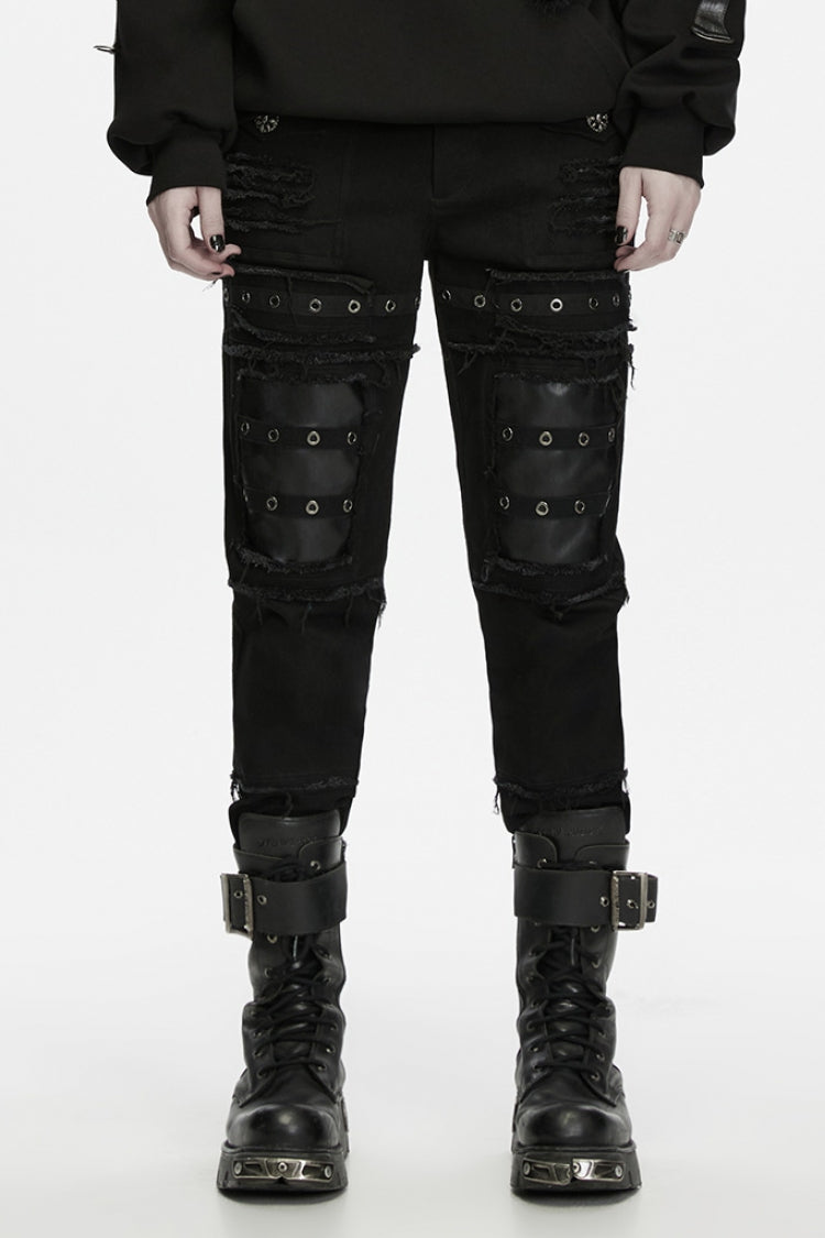 Pantalon punk cool noir avec œillets et patchwork découpé pour hommes