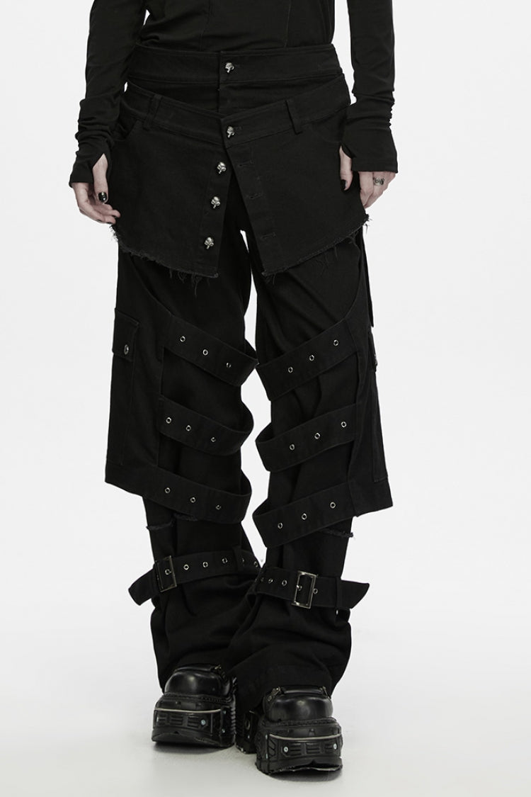 Schwarze Herren-Punk-Hose mit coolem Totenkopf-Knopf und offenem Rand und Ösen und abnehmbarer Beinmanschette