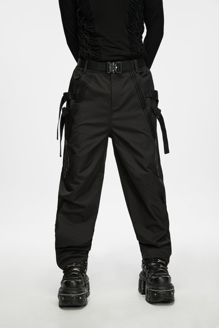Schwarze Punk-Hose mit weitem Bein und Reißverschluss für Herren mit Schnallen
