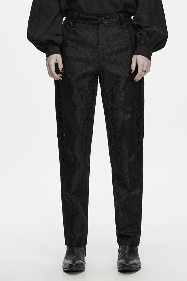 Schwarze Jacquard-Patchwork-Schnürhose mit schmaler Passform, luxuriöse Herren-Gothic-Prince-Hose