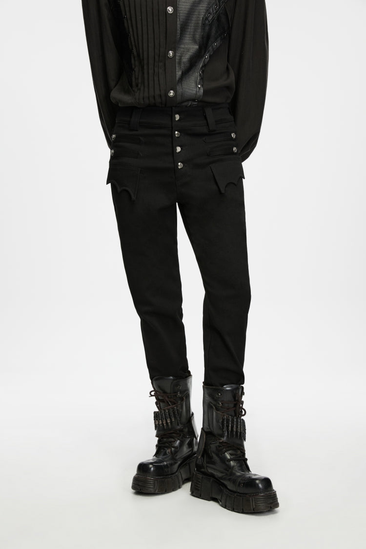 Black  Men's Punk Luxurious Skull Bat‑wing Flap Decor Slim Fit Trousers