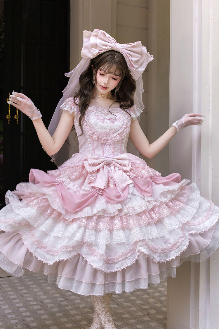 Pink [Wedding Poem] Sweetheart Neck Short Puff Sleeves Bustier Lace Bow Ruffled Layered Gorgeous Princess Light Wedding Sweet Lolita Dress
