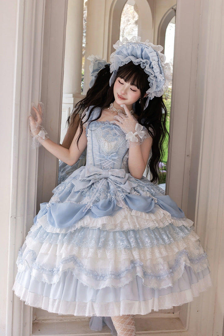 Blue [Wedding Poem] Sweetheart Neck Short Puff Sleeves Bustier Lace Bow Ruffled Layered Gorgeous Princess Light Wedding Sweet Lolita Dress