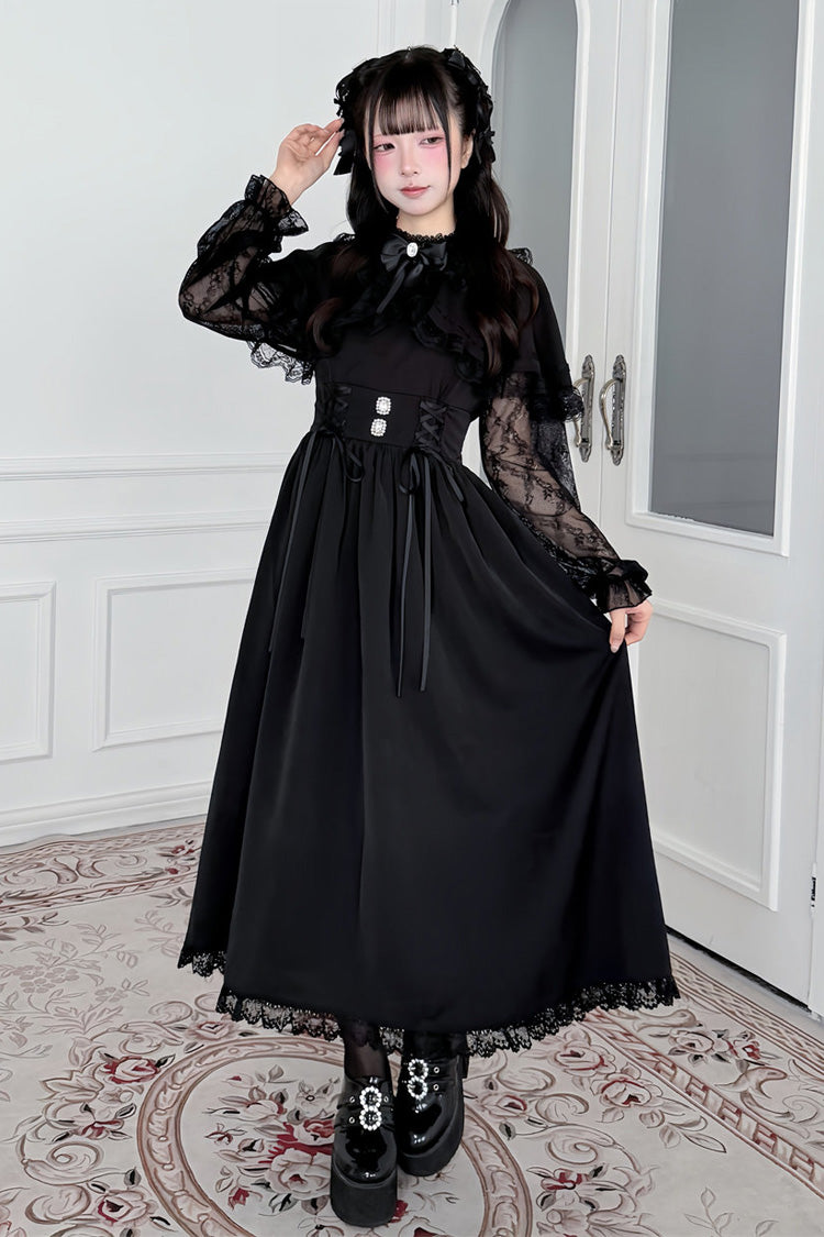 Schwarz [Whispers in the Corner] Stehkragen, lange Ärmel, Korsett-Taille, künstlicher zweiteiliger Bogen, Spitzen-Capelet, Perlendetail, elegantes Gothic-Lolita-Kleid